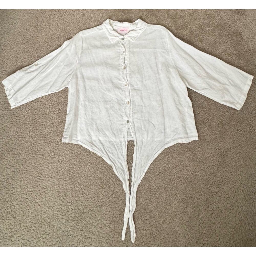 Secret Firenze 100% Linen Tie Front Blouse White Italy Button Up Top 12